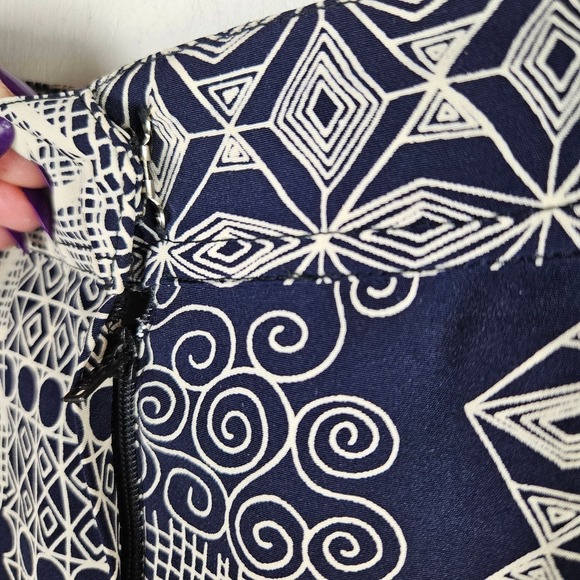 Handmade Medallion Print Patchwork A-Line Midi Skirt L? Ivory‎ Navy - Picture 4 of 9